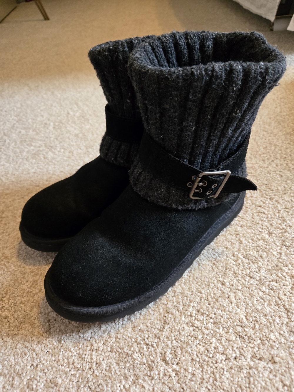 UGG Black Suede Short Boots with Dark Gray Knit Cuff and Buckle